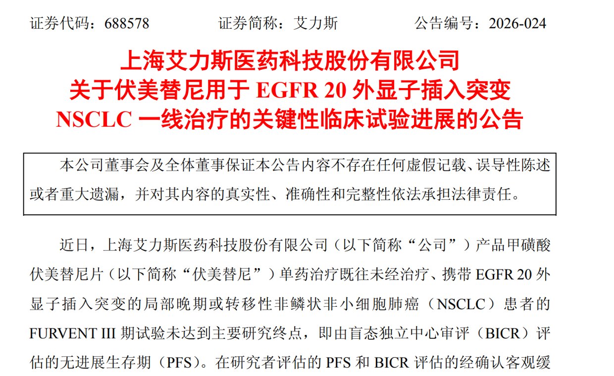 伏美替尼全球3期临床试验折戟 艾力斯出海路径或生变数